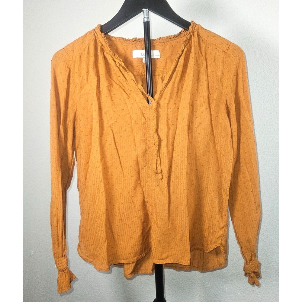 LOFT Petite Small Mustard Swiss Dot Peasant Blouse Boho Tie Neck Top SP